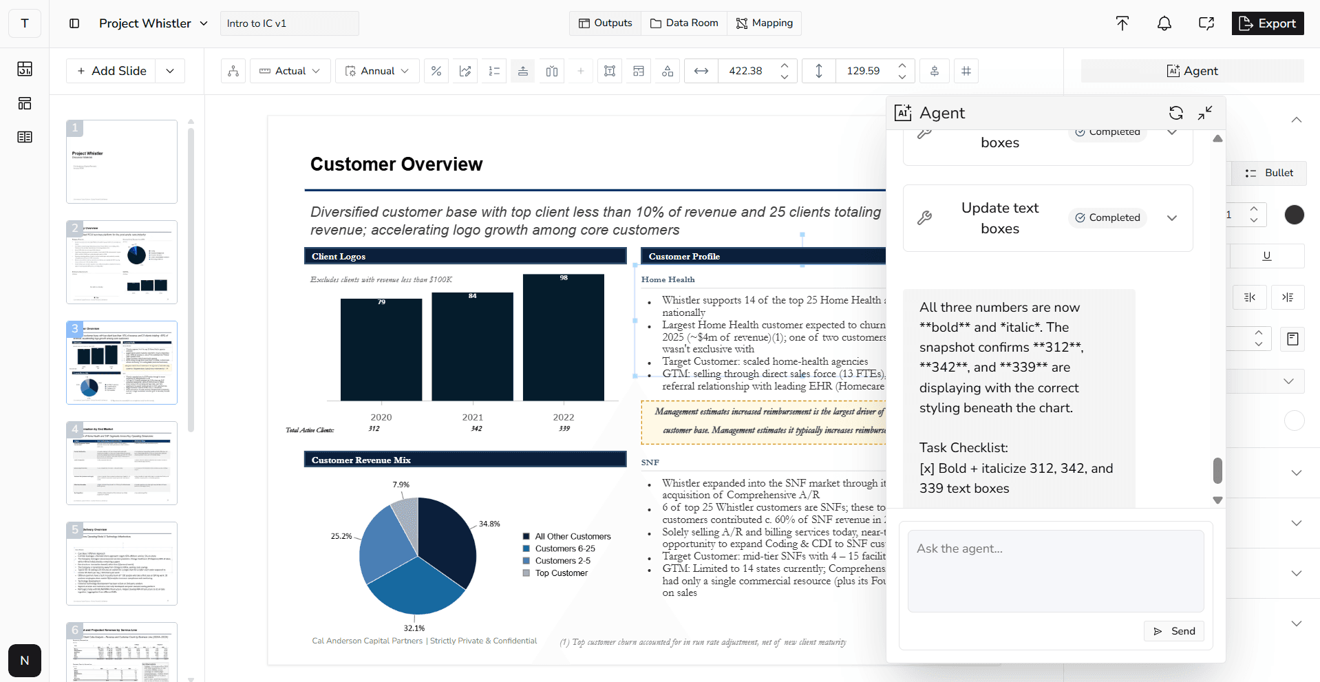Slide editing workspace with charts, commentary, and agent-guided presentation updates.